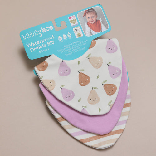 Bibbilyboo waterproof dribble bibs with pear pattern on a beige background