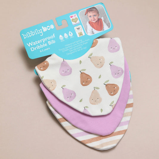Packaged bib with pear pattern on a beige background