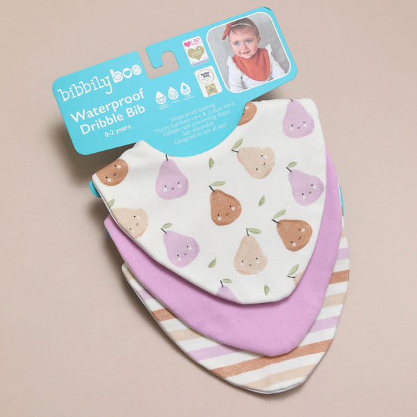 Packaged bib with pear pattern on a beige background