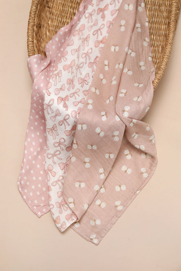 Bamboo Muslin Cloths 3 Pack - Pink Bows