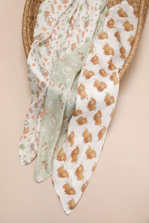 Bamboo Muslin Cloths 3 Pack - Farm Life