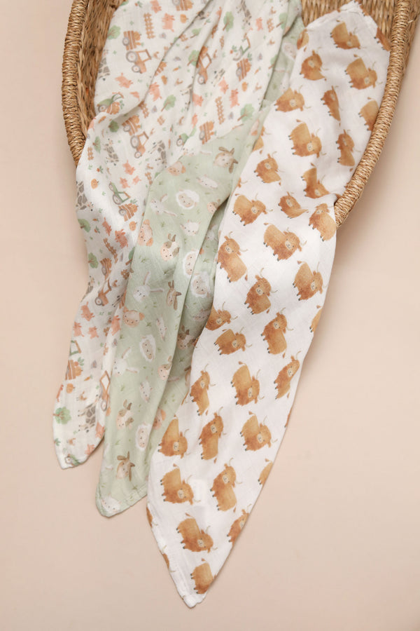 Bamboo Muslin Cloths 3 Pack - Farm Life