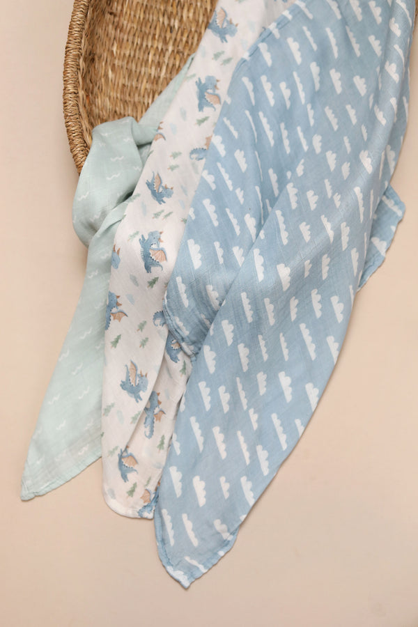 Bamboo Muslin Cloths 3 Pack - Little Dragons