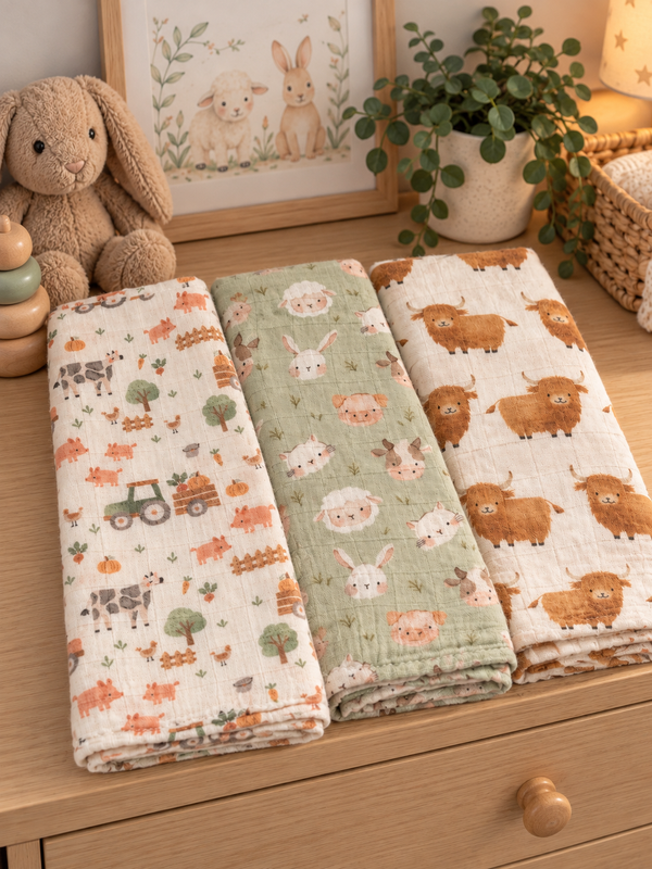 Bamboo Muslin Cloths 3 Pack - Farm Life