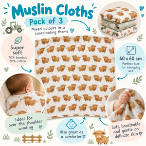 Bamboo Muslin Cloths 3 Pack - Farm Life