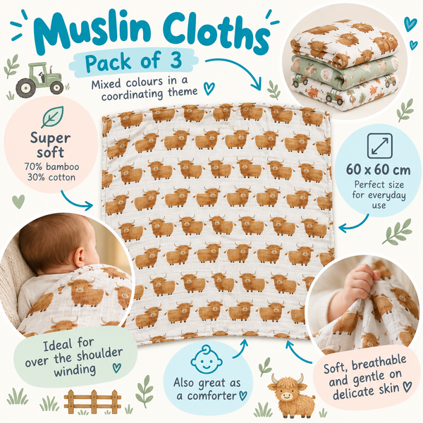 Bamboo Muslin Cloths 3 Pack - Farm Life