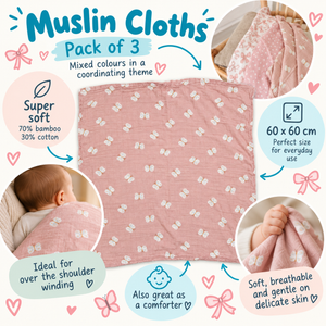 Bamboo Muslin Cloths 3 Pack - Pink Bows