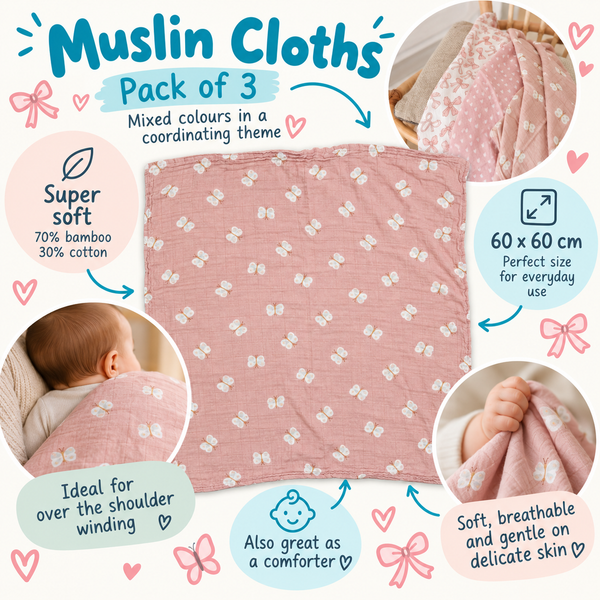 Bamboo Muslin Cloths 3 Pack - Pink Bows