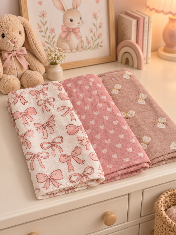 Bamboo Muslin Cloths 3 Pack - Pink Bows