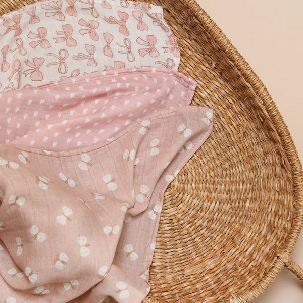 Bamboo Muslin Cloths 3 Pack - Pink Bows