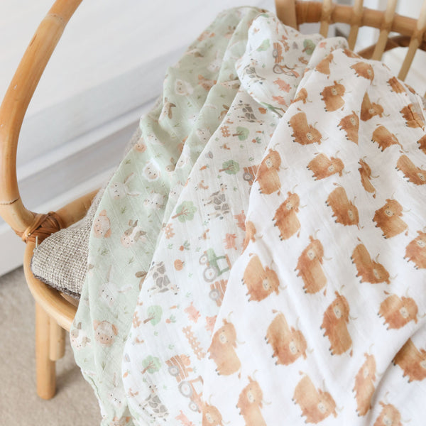 Bamboo Muslin Cloths 3 Pack - Farm Life