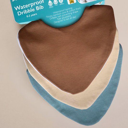 Brown & Blue Bundle of 3 Waterproof Dribble Bibs